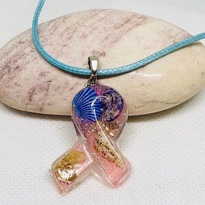 Pink ribbon seashell necklace, Breast cancer